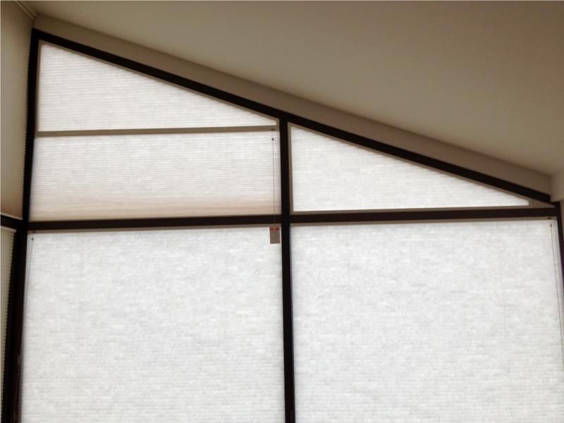 Light filtering mixed angled fixed frame and operational blinds