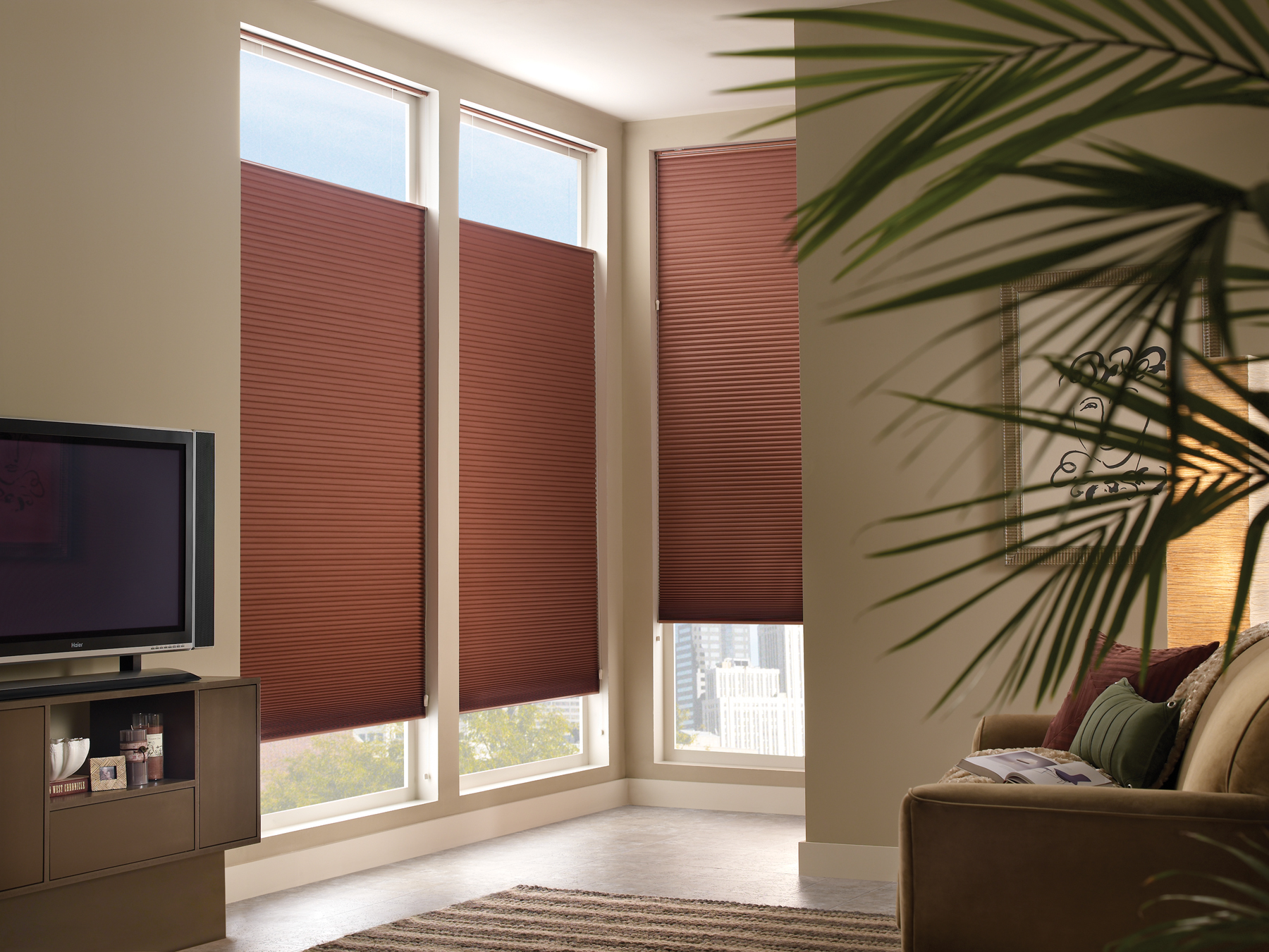 Cordlock TDBU  honeycomb blinds in cinnamon