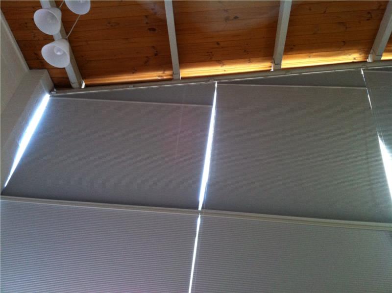Freemantle angled 5m high windows.. blockout honeycombs